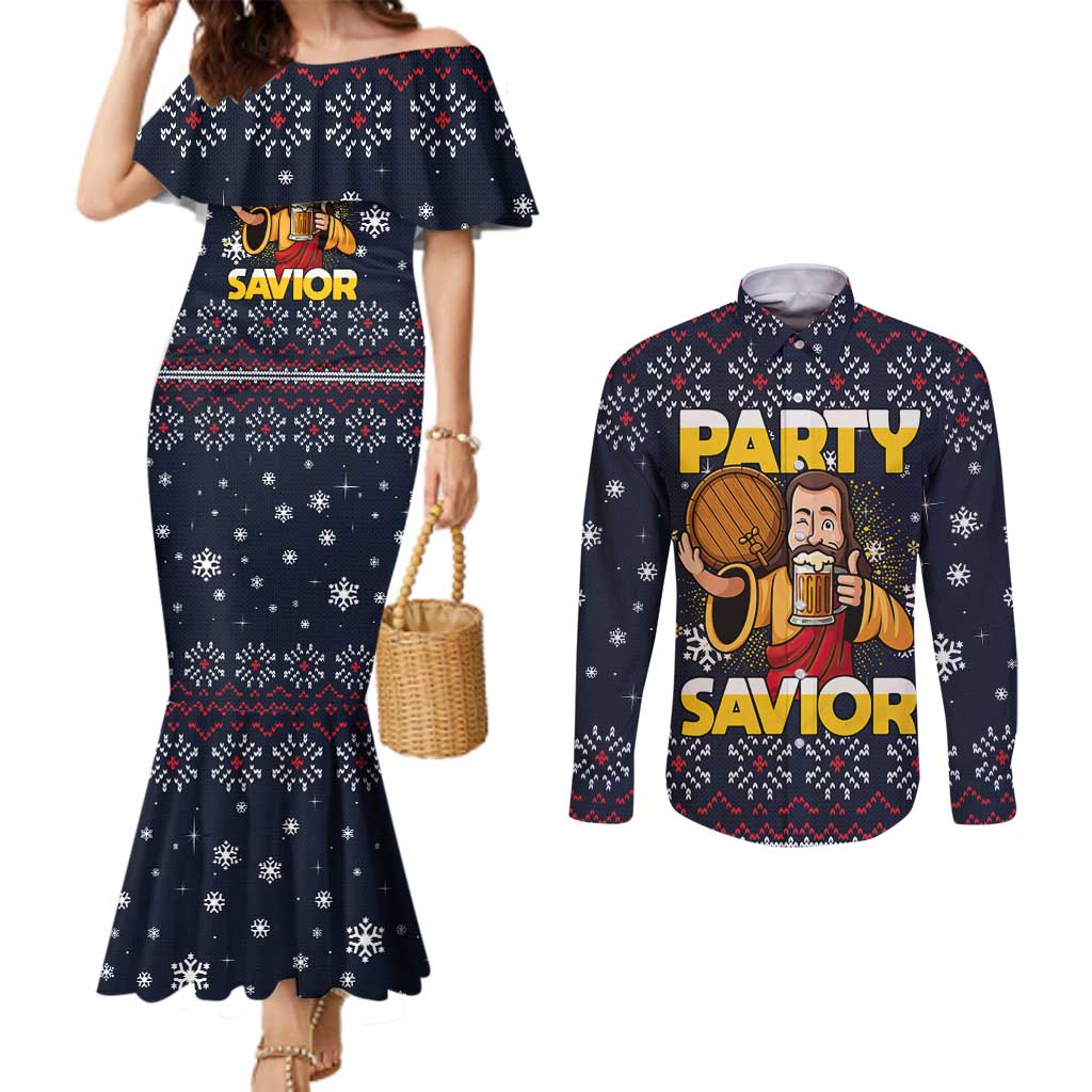 Jesus Party Savior Christmas Couples Matching Mermaid Dress and Long Sleeve Button Shirt Funny Xmas Holiday Patterns - Wonder Print Shop
