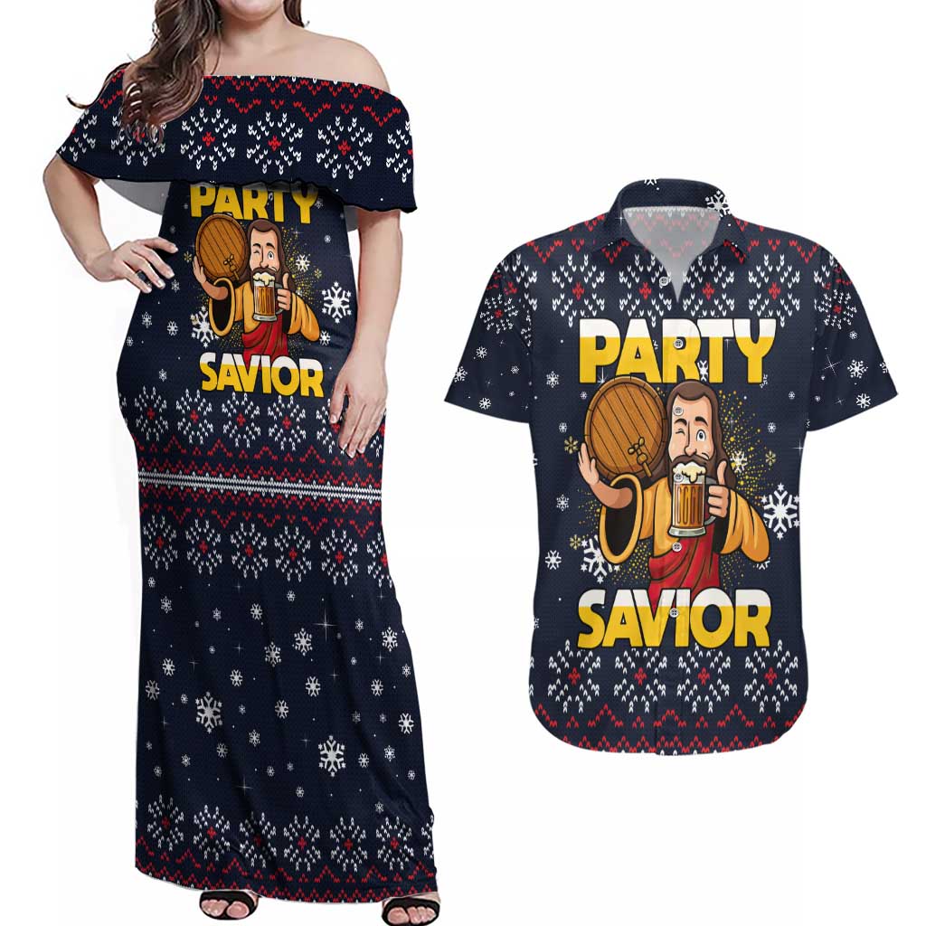 Jesus Party Savior Christmas Couples Matching Off Shoulder Maxi Dress and Hawaiian Shirt Funny Xmas Holiday Patterns - Wonder Print Shop