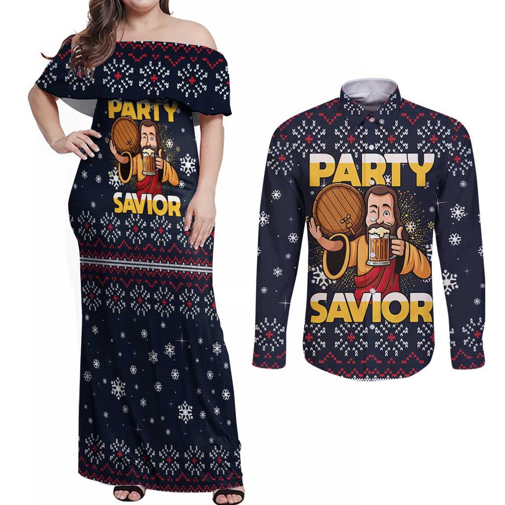 Jesus Party Savior Christmas Couples Matching Off Shoulder Maxi Dress and Long Sleeve Button Shirt Funny Xmas Holiday Patterns - Wonder Print Shop
