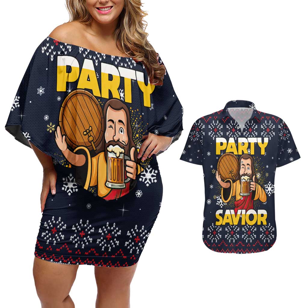 Jesus Party Savior Christmas Couples Matching Off Shoulder Short Dress and Hawaiian Shirt Funny Xmas Holiday Patterns - Wonder Print Shop