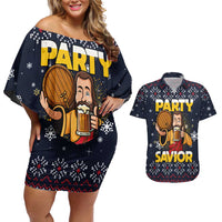Jesus Party Savior Christmas Couples Matching Off Shoulder Short Dress and Hawaiian Shirt Funny Xmas Holiday Patterns - Wonder Print Shop
