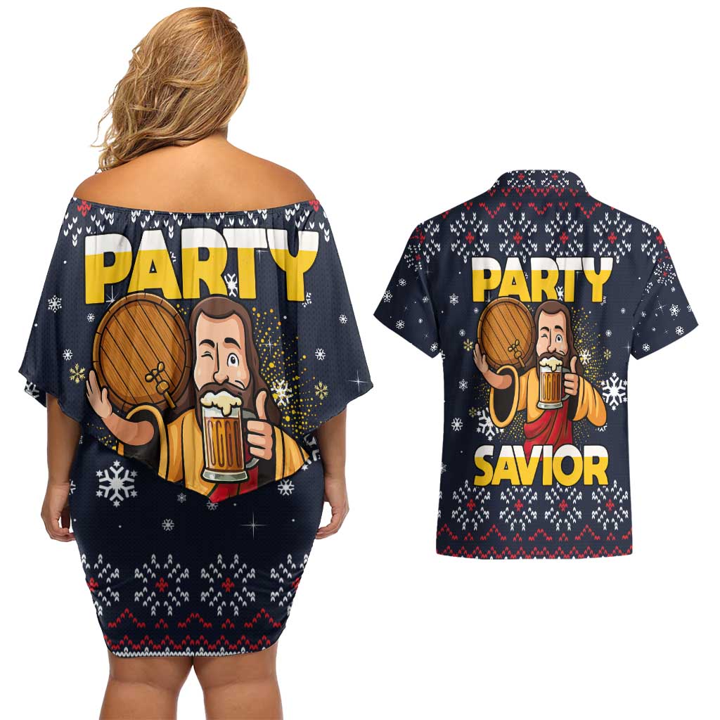 Jesus Party Savior Christmas Couples Matching Off Shoulder Short Dress and Hawaiian Shirt Funny Xmas Holiday Patterns - Wonder Print Shop