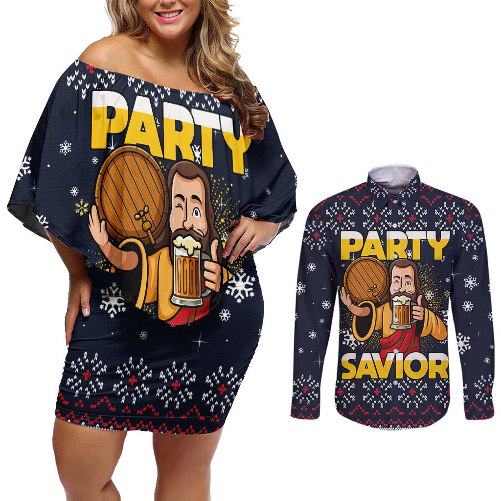 Jesus Party Savior Christmas Couples Matching Off Shoulder Short Dress and Long Sleeve Button Shirt Funny Xmas Holiday Patterns - Wonder Print Shop