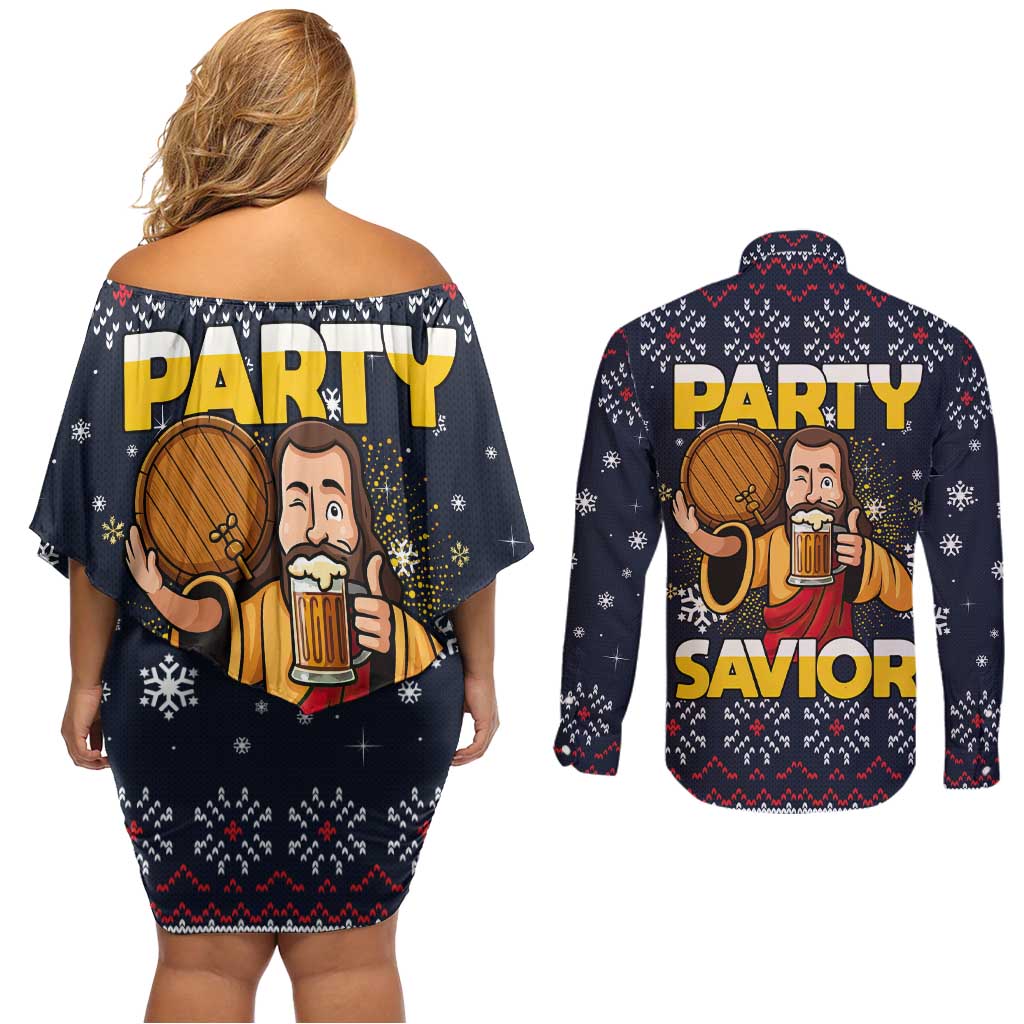 Jesus Party Savior Christmas Couples Matching Off Shoulder Short Dress and Long Sleeve Button Shirt Funny Xmas Holiday Patterns - Wonder Print Shop
