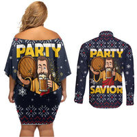Jesus Party Savior Christmas Couples Matching Off Shoulder Short Dress and Long Sleeve Button Shirt Funny Xmas Holiday Patterns - Wonder Print Shop