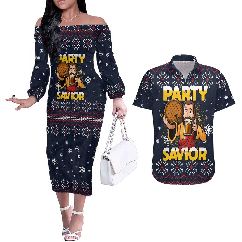 Jesus Party Savior Christmas Couples Matching Off The Shoulder Long Sleeve Dress and Hawaiian Shirt Funny Xmas Holiday Patterns - Wonder Print Shop