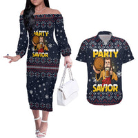 Jesus Party Savior Christmas Couples Matching Off The Shoulder Long Sleeve Dress and Hawaiian Shirt Funny Xmas Holiday Patterns - Wonder Print Shop