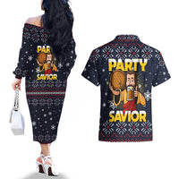 Jesus Party Savior Christmas Couples Matching Off The Shoulder Long Sleeve Dress and Hawaiian Shirt Funny Xmas Holiday Patterns - Wonder Print Shop