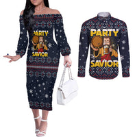 Jesus Party Savior Christmas Couples Matching Off The Shoulder Long Sleeve Dress and Long Sleeve Button Shirt Funny Xmas Holiday Patterns - Wonder Print Shop