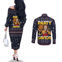 Jesus Party Savior Christmas Couples Matching Off The Shoulder Long Sleeve Dress and Long Sleeve Button Shirt Funny Xmas Holiday Patterns - Wonder Print Shop