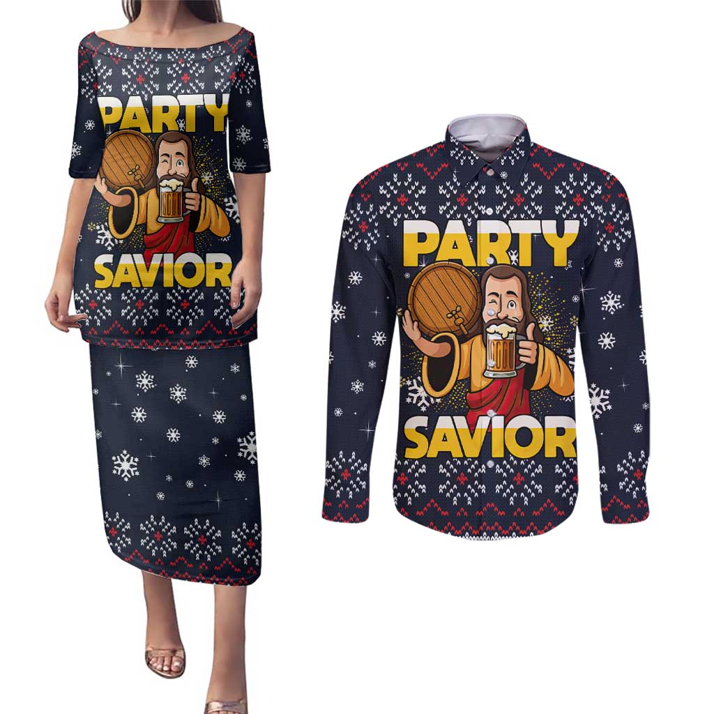 Jesus Party Savior Christmas Couples Matching Puletasi and Long Sleeve Button Shirt Funny Xmas Holiday Patterns - Wonder Print Shop