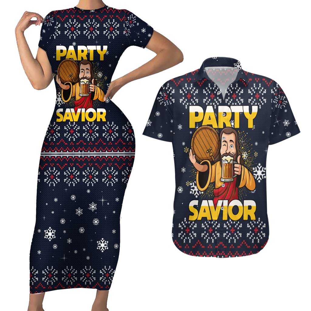 Jesus Party Savior Christmas Couples Matching Short Sleeve Bodycon Dress and Hawaiian Shirt Funny Xmas Holiday Patterns - Wonder Print Shop
