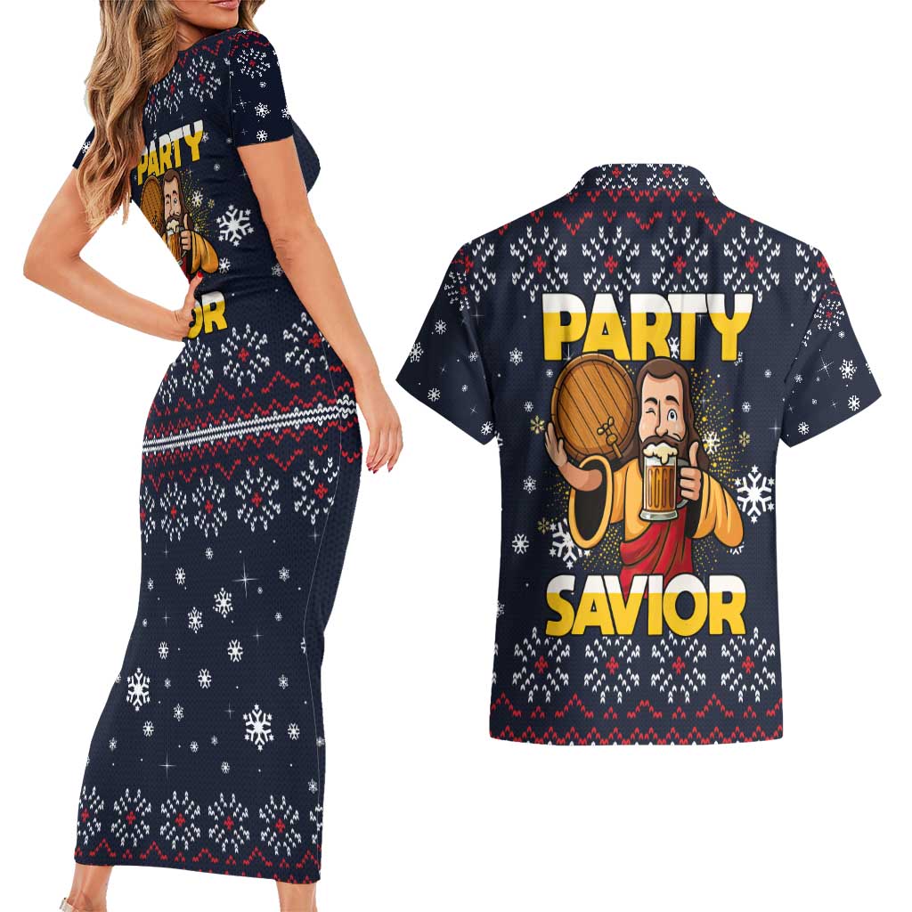 Jesus Party Savior Christmas Couples Matching Short Sleeve Bodycon Dress and Hawaiian Shirt Funny Xmas Holiday Patterns - Wonder Print Shop