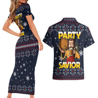 Jesus Party Savior Christmas Couples Matching Short Sleeve Bodycon Dress and Hawaiian Shirt Funny Xmas Holiday Patterns - Wonder Print Shop