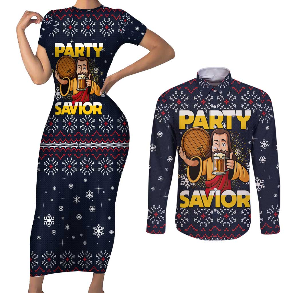 Jesus Party Savior Christmas Couples Matching Short Sleeve Bodycon Dress and Long Sleeve Button Shirt Funny Xmas Holiday Patterns - Wonder Print Shop