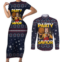 Jesus Party Savior Christmas Couples Matching Short Sleeve Bodycon Dress and Long Sleeve Button Shirt Funny Xmas Holiday Patterns - Wonder Print Shop