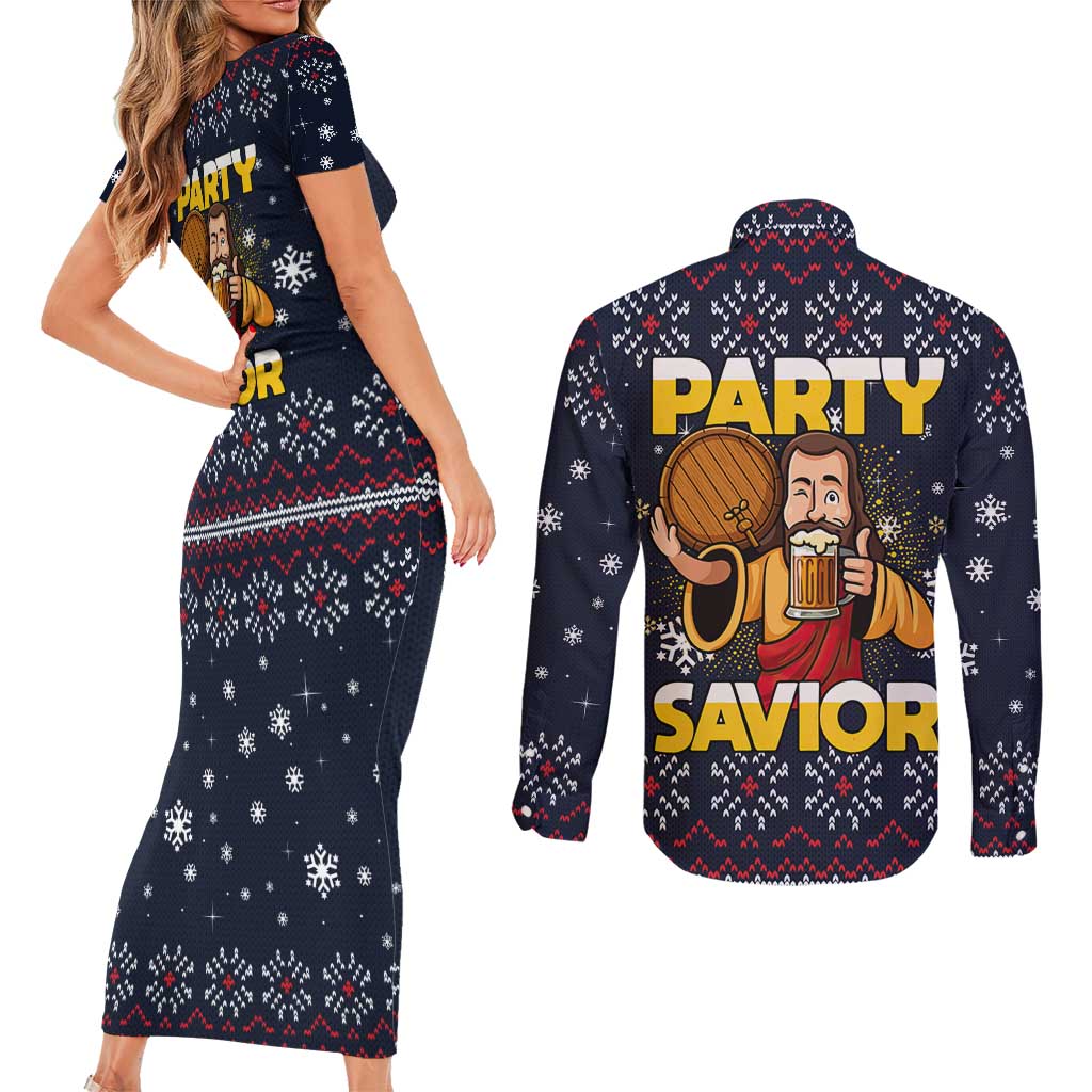 Jesus Party Savior Christmas Couples Matching Short Sleeve Bodycon Dress and Long Sleeve Button Shirt Funny Xmas Holiday Patterns - Wonder Print Shop