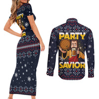 Jesus Party Savior Christmas Couples Matching Short Sleeve Bodycon Dress and Long Sleeve Button Shirt Funny Xmas Holiday Patterns - Wonder Print Shop