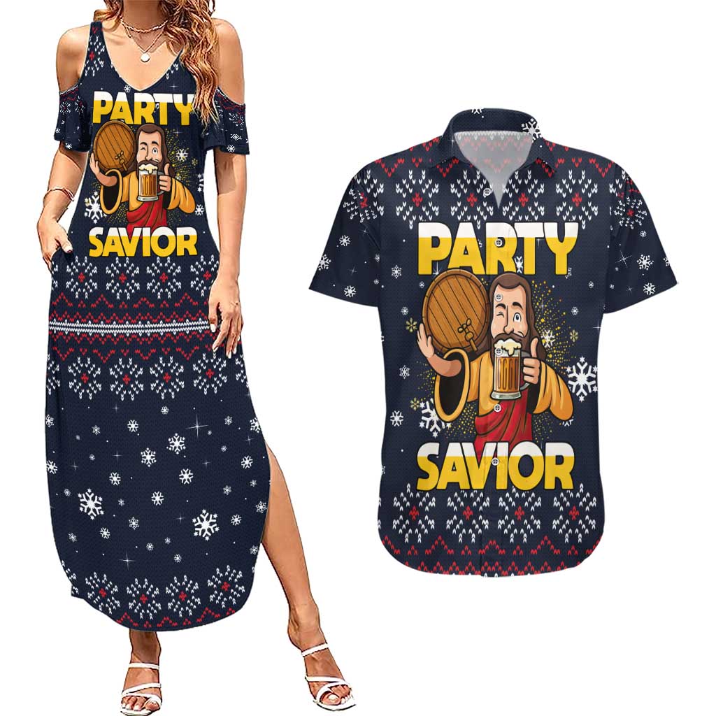 Jesus Party Savior Christmas Couples Matching Summer Maxi Dress and Hawaiian Shirt Funny Xmas Holiday Patterns - Wonder Print Shop