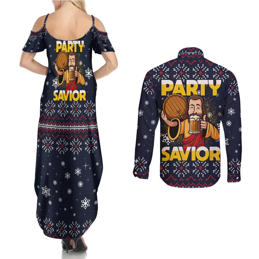 Jesus Party Savior Christmas Couples Matching Summer Maxi Dress and Long Sleeve Button Shirt Funny Xmas Holiday Patterns - Wonder Print Shop