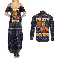 Jesus Party Savior Christmas Couples Matching Summer Maxi Dress and Long Sleeve Button Shirt Funny Xmas Holiday Patterns - Wonder Print Shop