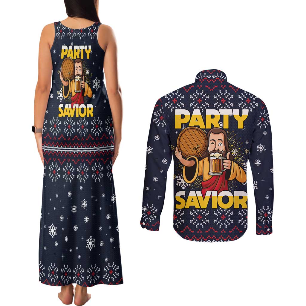 Jesus Party Savior Christmas Couples Matching Tank Maxi Dress and Long Sleeve Button Shirt Funny Xmas Holiday Patterns - Wonder Print Shop