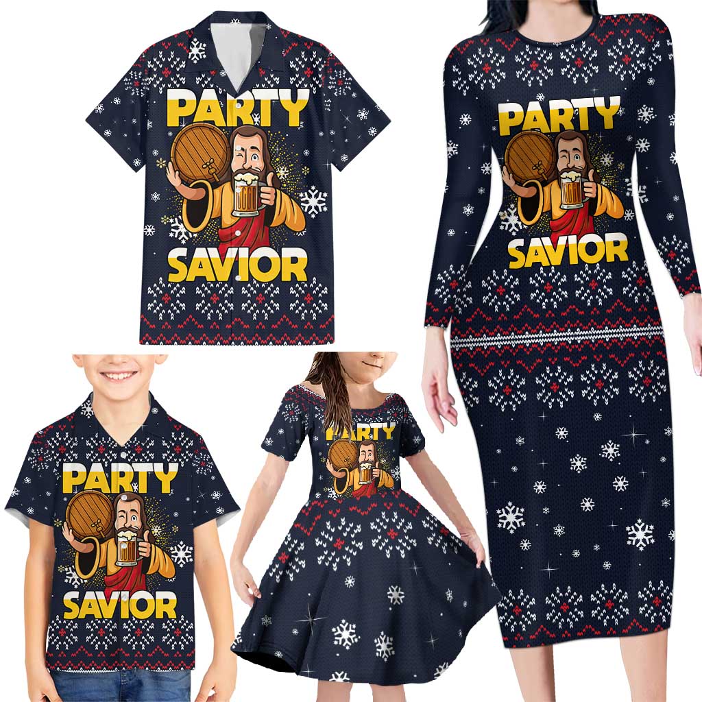 Jesus Party Savior Christmas Family Matching Long Sleeve Bodycon Dress and Hawaiian Shirt Funny Xmas Holiday Patterns - Wonder Print Shop