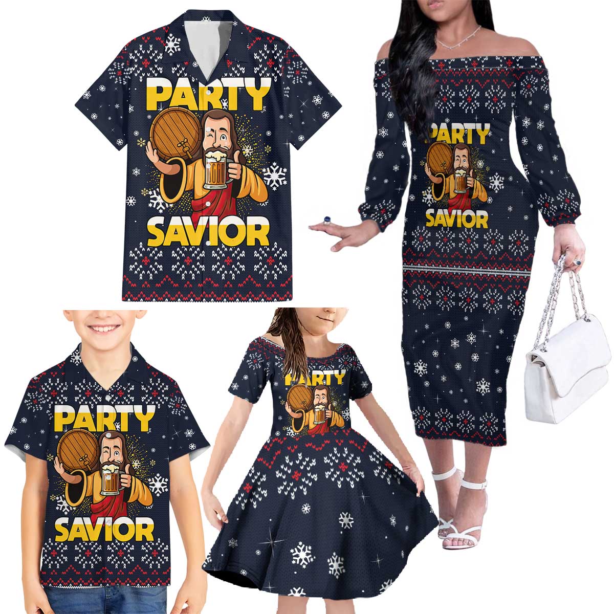 Jesus Party Savior Christmas Family Matching Off The Shoulder Long Sleeve Dress and Hawaiian Shirt Funny Xmas Holiday Patterns - Wonder Print Shop