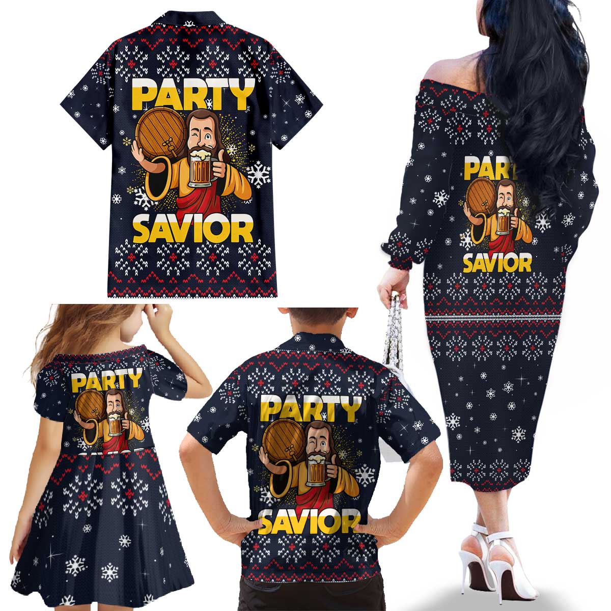 Jesus Party Savior Christmas Family Matching Off The Shoulder Long Sleeve Dress and Hawaiian Shirt Funny Xmas Holiday Patterns - Wonder Print Shop