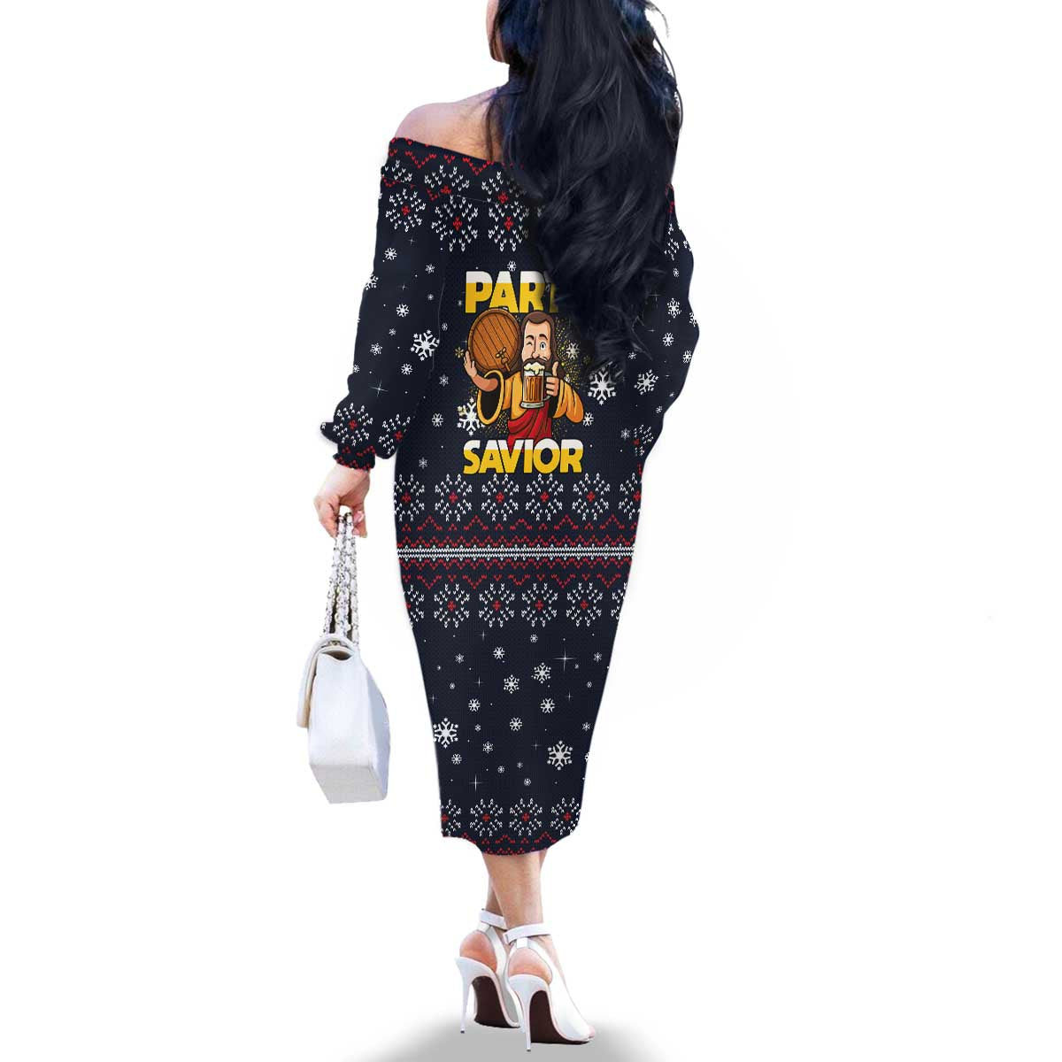 Jesus Party Savior Christmas Family Matching Off The Shoulder Long Sleeve Dress and Hawaiian Shirt Funny Xmas Holiday Patterns - Wonder Print Shop