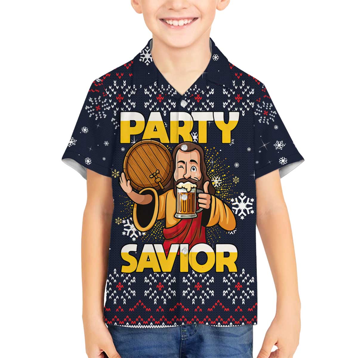 Jesus Party Savior Christmas Family Matching Off The Shoulder Long Sleeve Dress and Hawaiian Shirt Funny Xmas Holiday Patterns - Wonder Print Shop