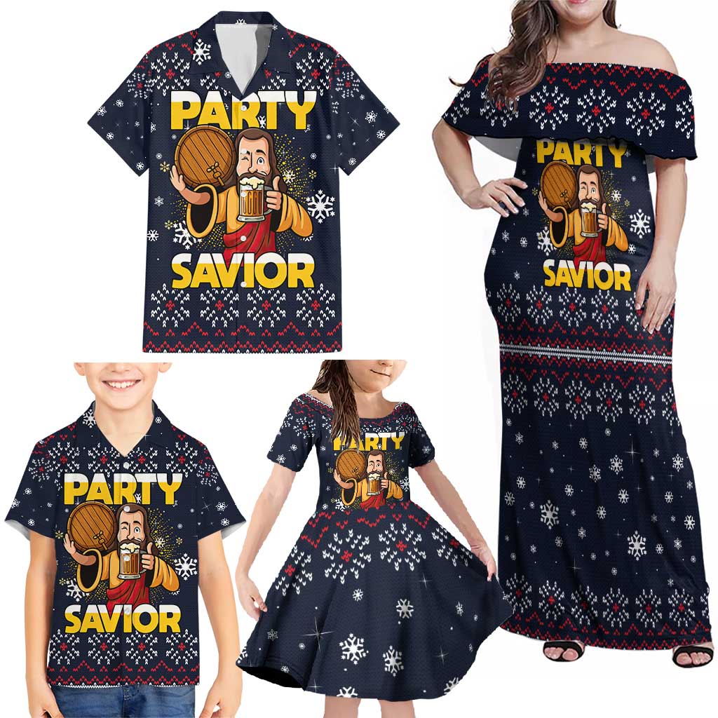 Jesus Party Savior Christmas Family Matching Off Shoulder Maxi Dress and Hawaiian Shirt Funny Xmas Holiday Patterns - Wonder Print Shop