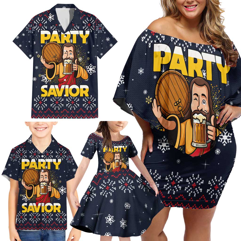 Jesus Party Savior Christmas Family Matching Off Shoulder Short Dress and Hawaiian Shirt Funny Xmas Holiday Patterns - Wonder Print Shop