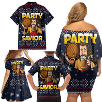 Jesus Party Savior Christmas Family Matching Off Shoulder Short Dress and Hawaiian Shirt Funny Xmas Holiday Patterns - Wonder Print Shop