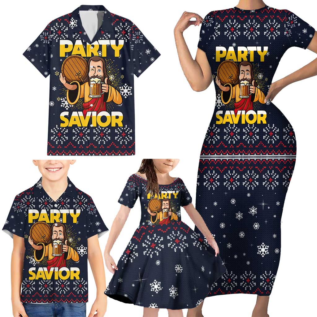 Jesus Party Savior Christmas Family Matching Short Sleeve Bodycon Dress and Hawaiian Shirt Funny Xmas Holiday Patterns - Wonder Print Shop