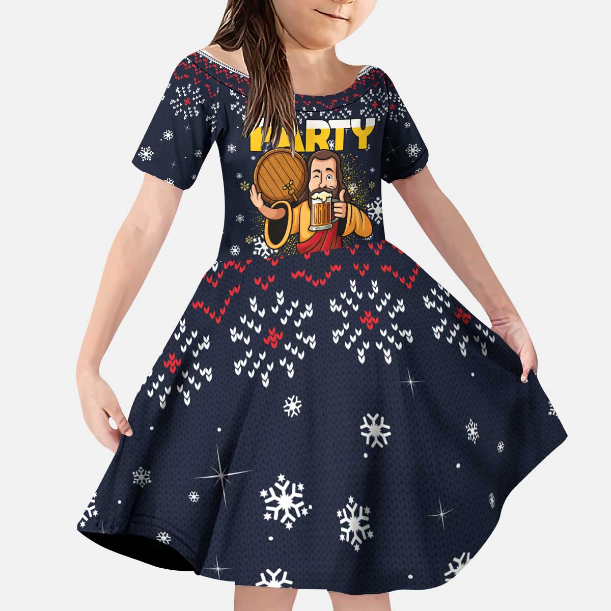 Jesus Party Savior Christmas Kid Short Sleeve Dress Funny Xmas Holiday Patterns - Wonder Print Shop
