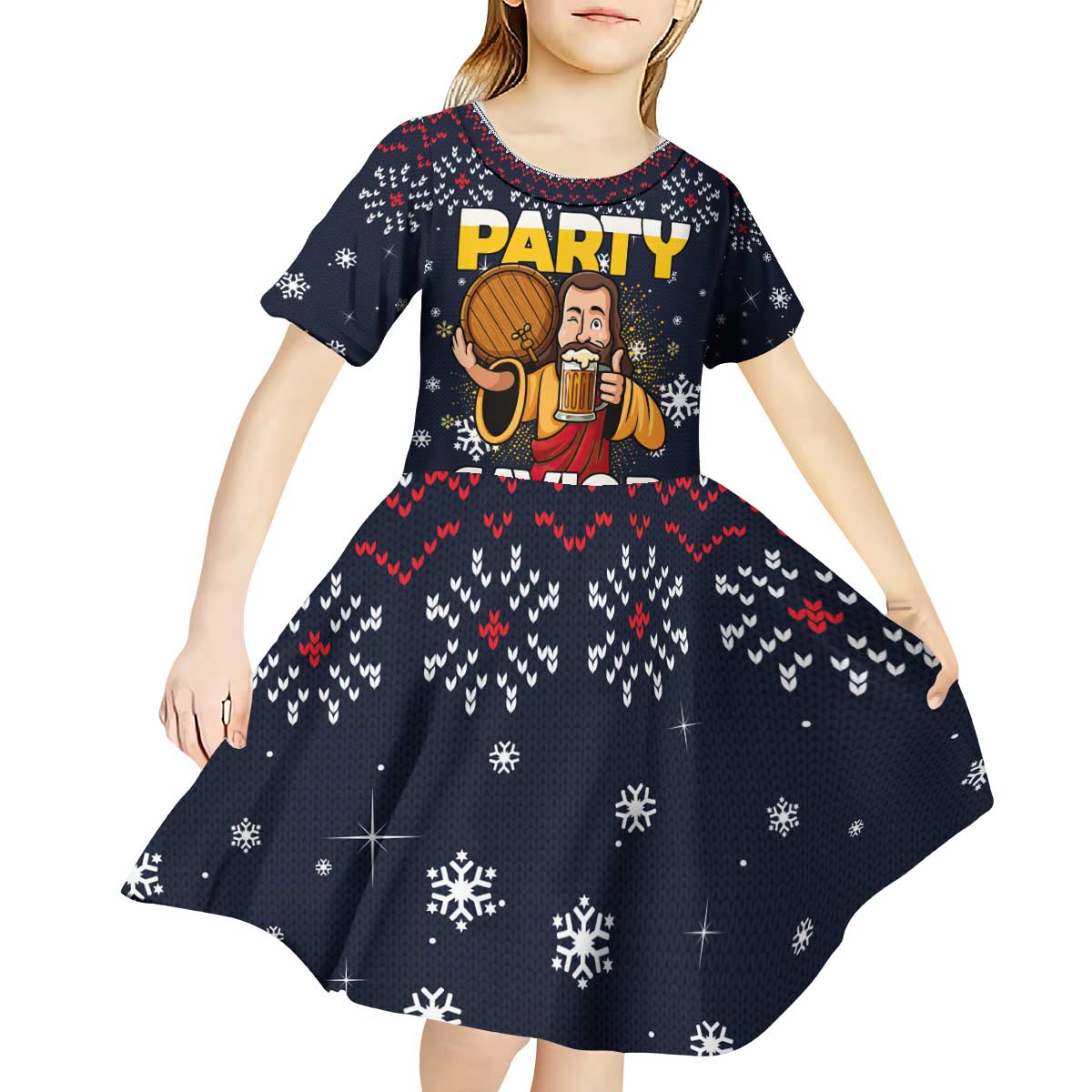 Jesus Party Savior Christmas Kid Short Sleeve Dress Funny Xmas Holiday Patterns - Wonder Print Shop