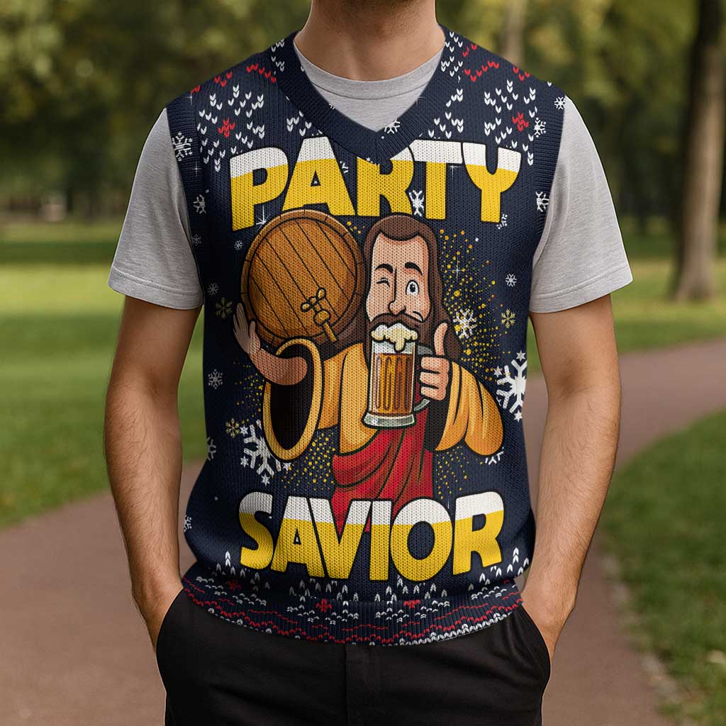 Jesus Party Savior Christmas Knitted V-Neck Vest Funny Xmas Holiday Patterns - Wonder Print Shop