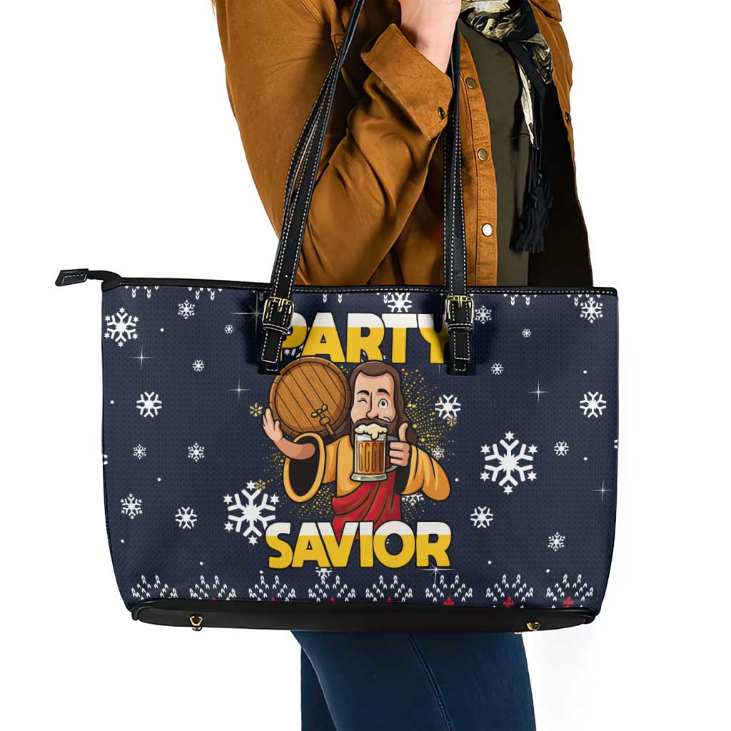 Jesus Party Savior Christmas Leather Tote Bag Funny Xmas Holiday Patterns - Wonder Print Shop