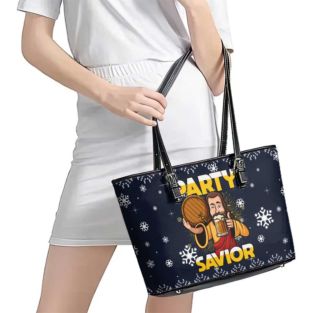 Jesus Party Savior Christmas Leather Tote Bag Funny Xmas Holiday Patterns - Wonder Print Shop