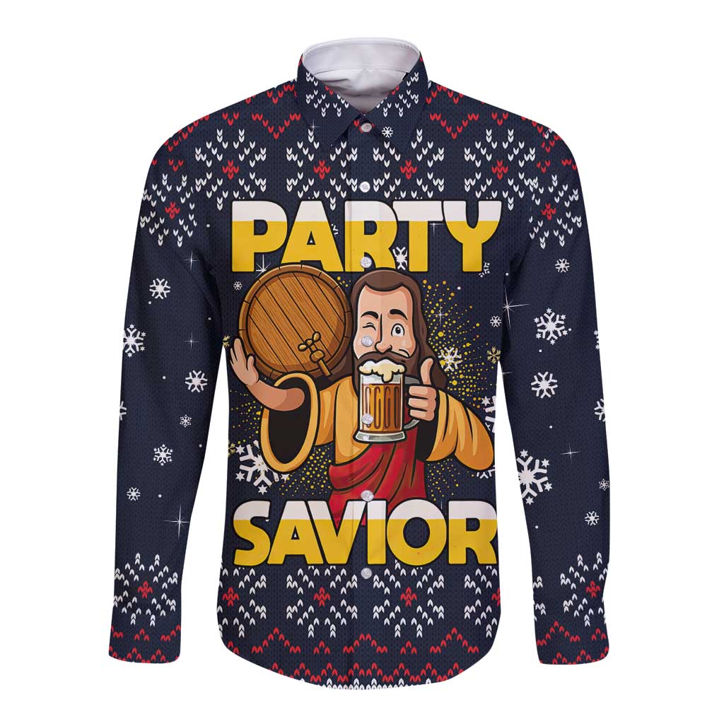 Jesus Party Savior Christmas Long Sleeve Button Shirt Funny Xmas Holiday Patterns - Wonder Print Shop