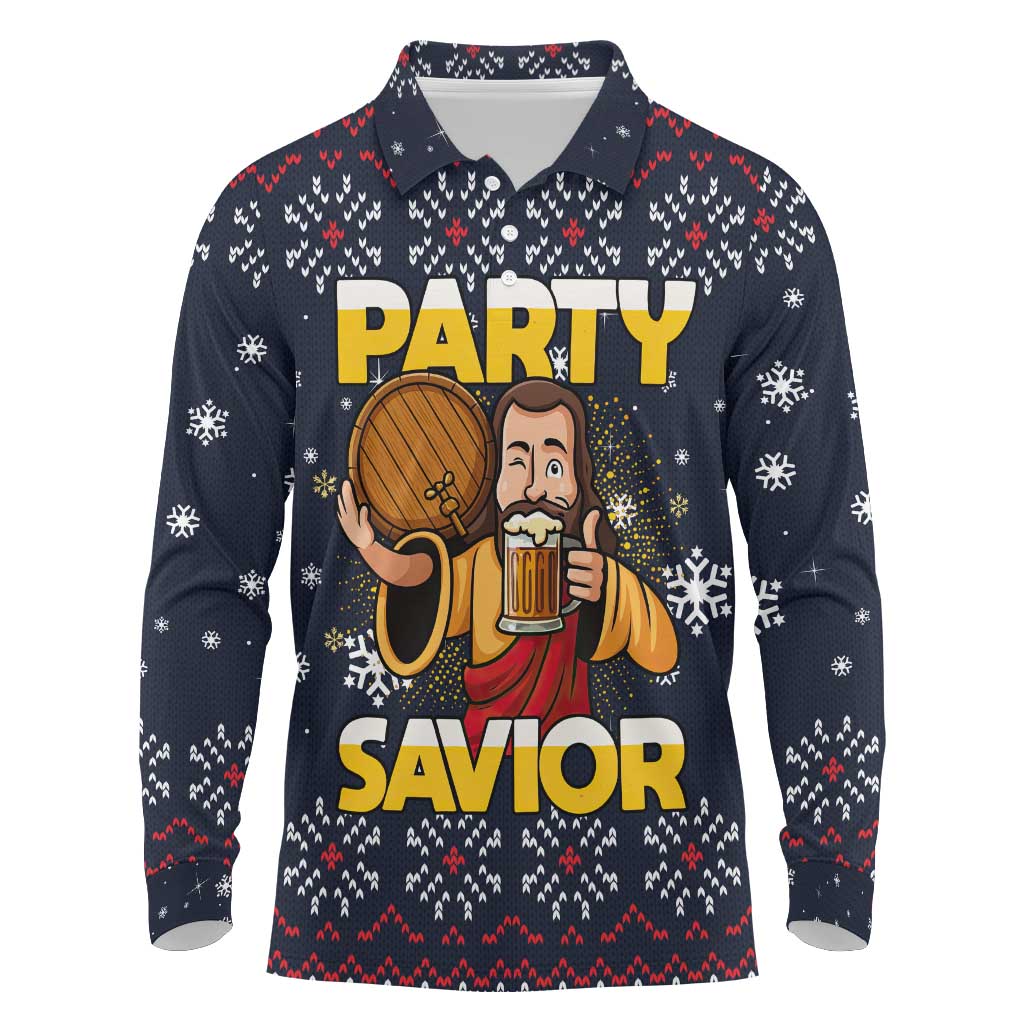 Jesus Party Savior Christmas Long Sleeve Polo Shirt Funny Xmas Holiday Patterns - Wonder Print Shop