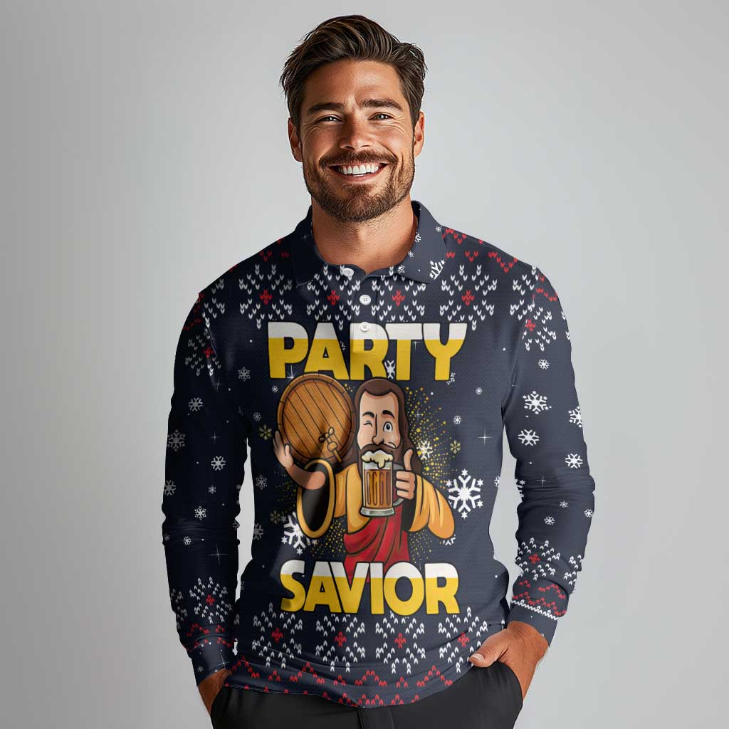 Jesus Party Savior Christmas Long Sleeve Polo Shirt Funny Xmas Holiday Patterns - Wonder Print Shop
