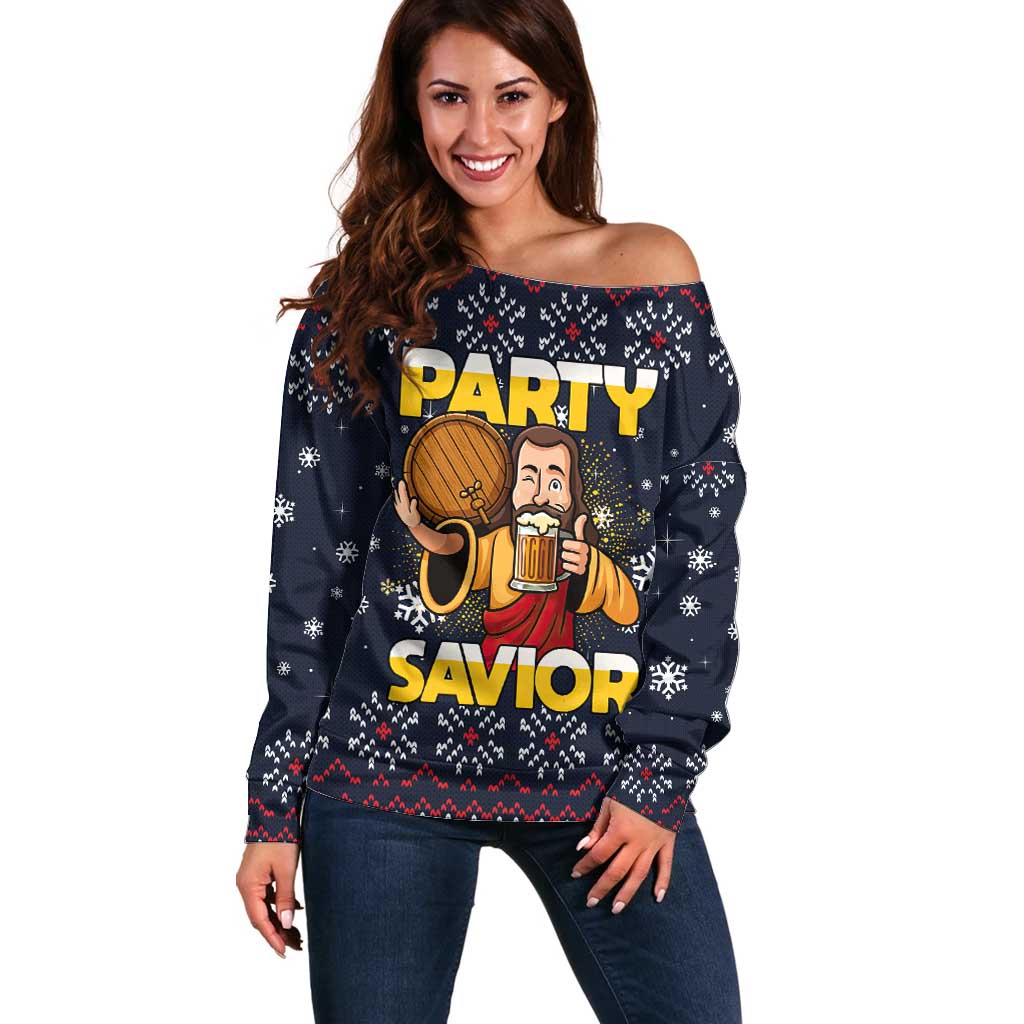 Jesus Party Savior Christmas Off Shoulder Sweater Funny Xmas Holiday Patterns - Wonder Print Shop