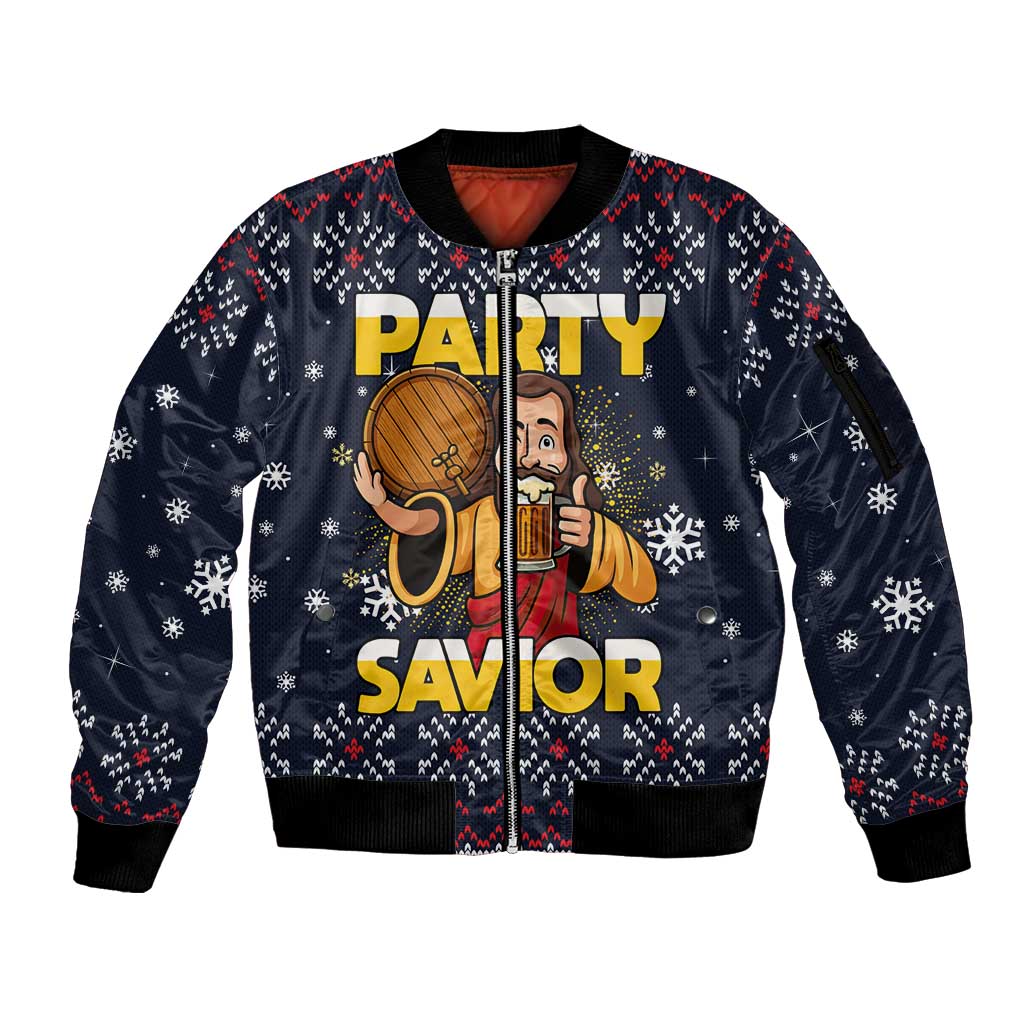 Jesus Party Savior Christmas Sleeve Zip Bomber Jacket Funny Xmas Holiday Patterns - Wonder Print Shop