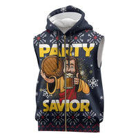 Jesus Party Savior Christmas Sleeveless Zip Hoodie Funny Xmas Holiday Patterns - Wonder Print Shop