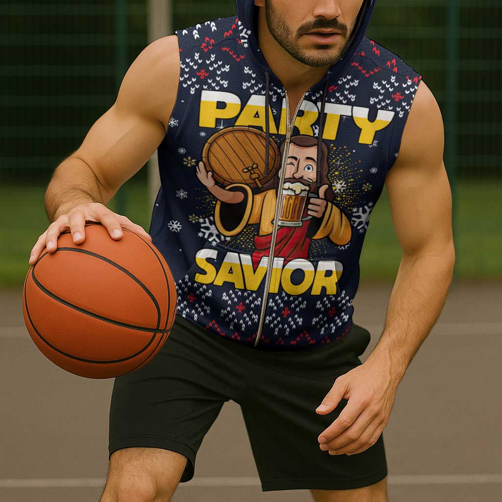 Jesus Party Savior Christmas Sleeveless Zip Hoodie Funny Xmas Holiday Patterns - Wonder Print Shop