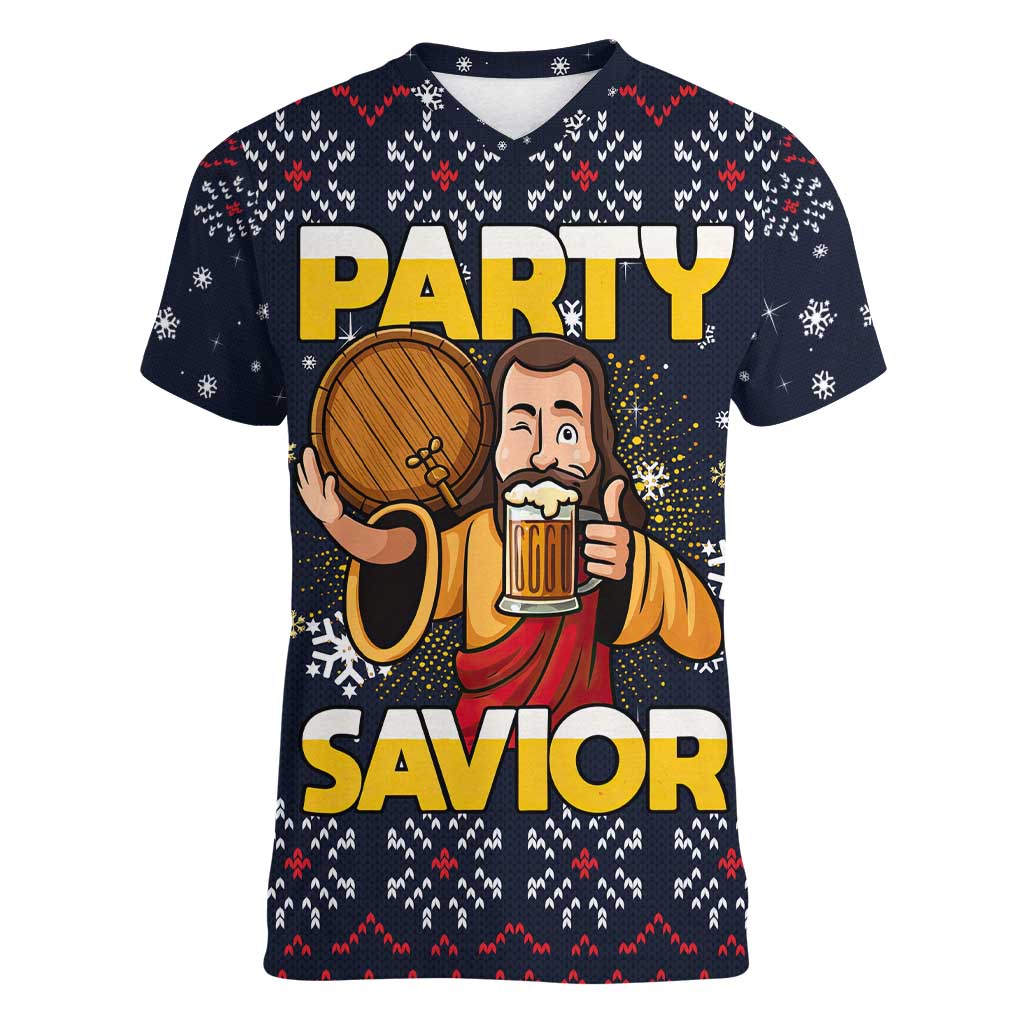 Jesus Party Savior Christmas Women V-Neck T-Shirt Funny Xmas Holiday Patterns - Wonder Print Shop