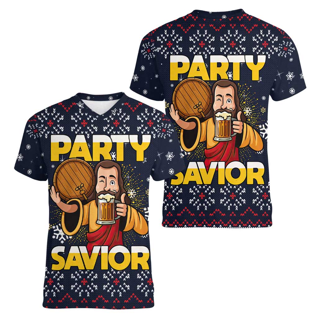 Jesus Party Savior Christmas Women V-Neck T-Shirt Funny Xmas Holiday Patterns - Wonder Print Shop