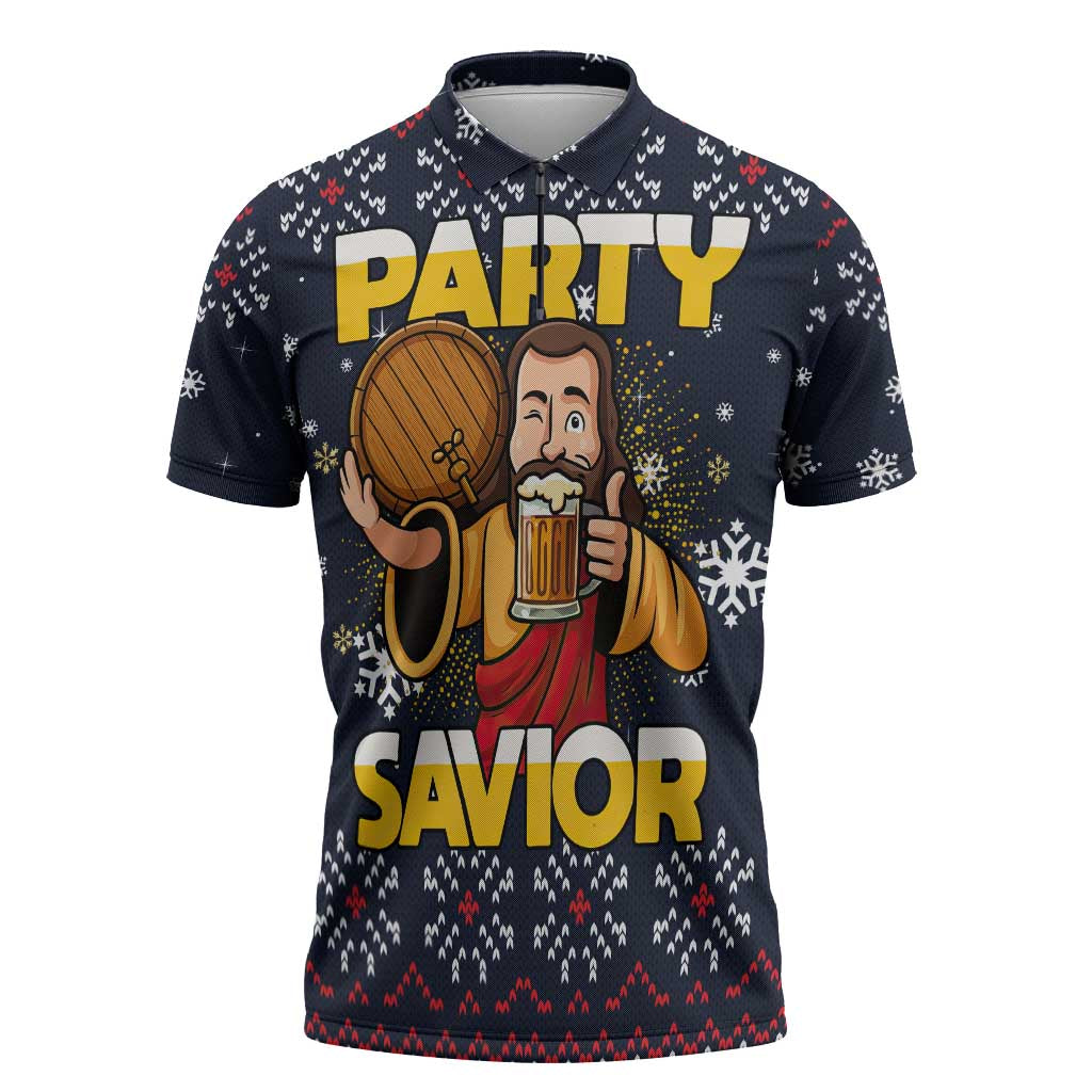 Jesus Party Savior Christmas Zipper Polo Shirt Funny Xmas Holiday Patterns - Wonder Print Shop